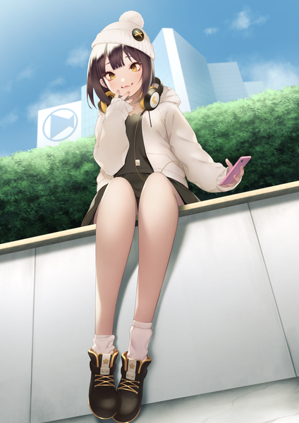 Anime picture 1042x1473 with original pokachu single tall image looking at viewer blush fringe short hair smile brown hair sitting holding brown eyes sky cloud (clouds) full body outdoors nail polish head tilt arm up