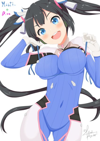 Anime picture 1061x1500 with dungeon ni deai wo motomeru no wa machigatteiru darou ka j.c. staff hestia (danmachi) grapesoda single long hair tall image looking at viewer blush breasts open mouth blue eyes light erotic black hair simple background smile large breasts white background twintails signed