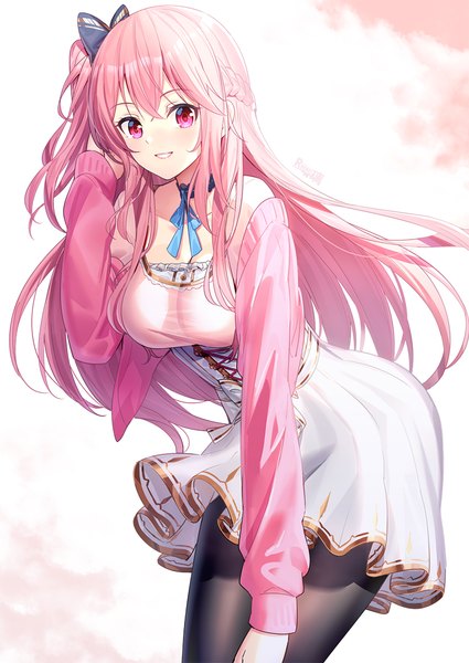 Anime picture 850x1200 with original emily stock ririko (zhuoyandesailaer) single long hair tall image looking at viewer blush fringe breasts smile standing signed payot pink hair braid (braids) long sleeves parted lips pleated skirt pink eyes