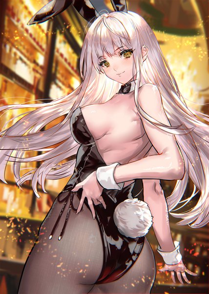 Anime picture 1141x1600 with original ranou single long hair tall image looking at viewer fringe breasts light erotic large breasts standing brown eyes animal ears silver hair ass indoors tail blunt bangs animal tail looking back
