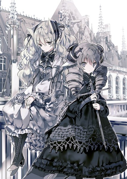 Anime picture 860x1216 with original cierra (ra-bit) long hair tall image looking at viewer fringe standing sitting twintails multiple girls holding animal ears outdoors white hair long sleeves grey hair :o grey eyes high heels puffy sleeves