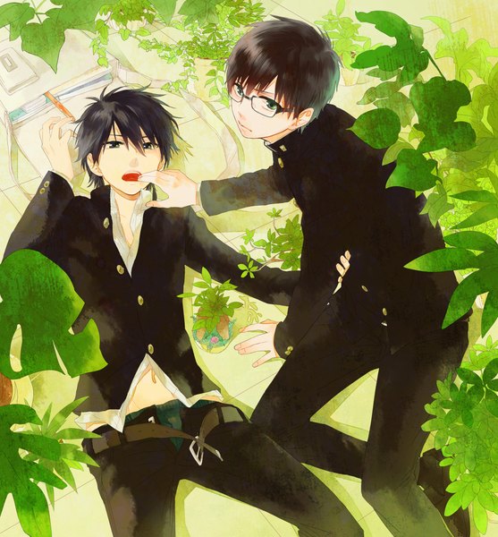 Anime picture 2000x2155 with ao no exorcist a-1 pictures okumura rin okumura yukio sotoko (artist) tall image looking at viewer fringe highres short hair open mouth light erotic black hair brown hair green eyes fingernails from above lips siblings twins