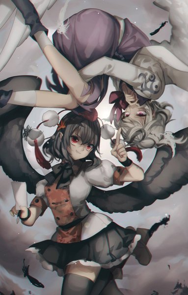 Anime picture 1024x1601 with touhou shameimaru aya kishin sagume no-kan tall image fringe short hair black hair smile hair between eyes red eyes purple eyes multiple girls looking away bent knee (knees) grey hair zettai ryouiki puffy sleeves covered mouth black wings