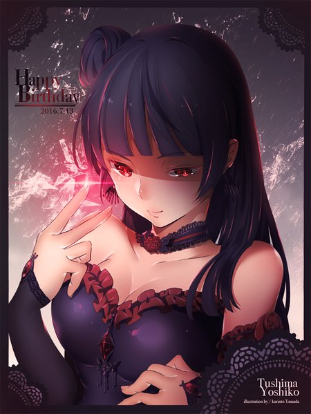 Anime picture 800x1066 with love live! sunshine!! sunrise (studio) love live! tsushima yoshiko karinto yamada single long hair tall image fringe breasts black hair simple background smile red eyes bare shoulders signed payot cleavage upper body blunt bangs
