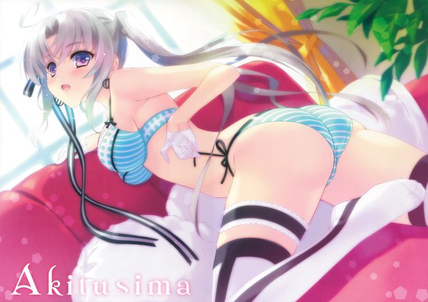Anime picture 4675x3300 with kantai collection akitsushima seaplane tender carnelian single long hair looking at viewer blush highres breasts open mouth light erotic purple eyes twintails absurdres ass grey hair scan underwear only girl thighhighs