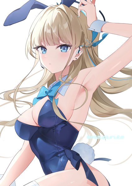 Anime picture 1451x2048 with blue archive toki (blue archive) toki (bunny) (blue archive) mizupuruta single long hair tall image looking at viewer fringe breasts blue eyes light erotic simple background blonde hair large breasts white background signed animal ears cleavage tail