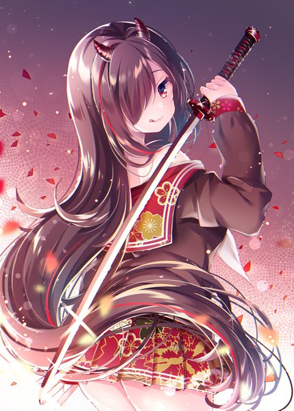 Anime picture 715x1000 with original nemuri nemu single tall image looking at viewer blush fringe light erotic black hair smile red eyes standing holding ass very long hair pleated skirt looking back multicolored hair arm up horn (horns)