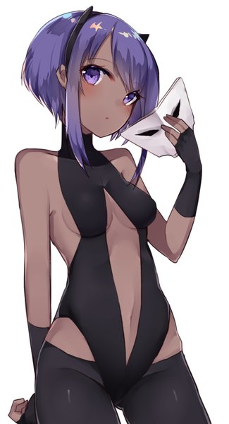 Anime picture 650x1200 with fate (series) fate/grand order fate/prototype hassan of serenity (fate) sakofu single tall image blush fringe short hair light erotic simple background hair between eyes standing white background purple eyes bare shoulders holding purple hair bare belly