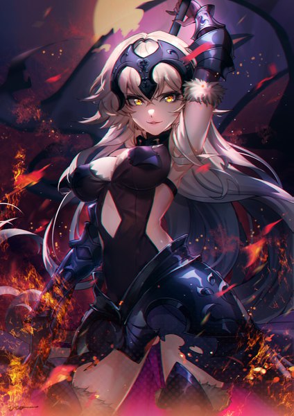 Anime picture 1239x1753 with fate (series) fate/grand order jeanne d'arc (fate) (all) jeanne d'arc alter (fate) jeanne d'arc alter (avenger) (third ascension) (fate) sai ichirou single long hair tall image looking at viewer fringe breasts light erotic smile hair between eyes large breasts standing holding yellow eyes cleavage