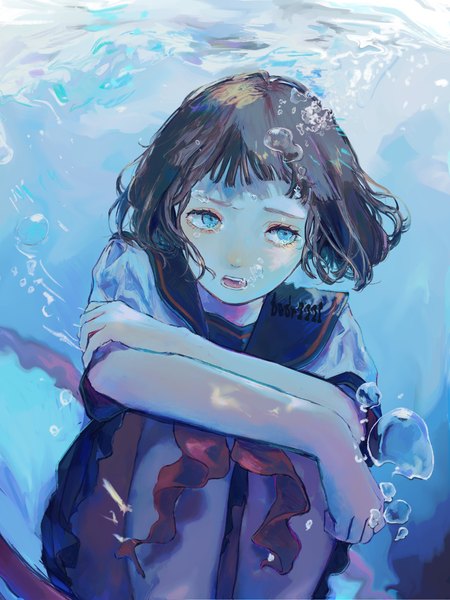 Anime picture 4200x5600 with original bedr2221 single tall image fringe highres short hair open mouth blue eyes black hair signed absurdres blunt bangs twitter username looking up underwater girl uniform serafuku bubble (bubbles)