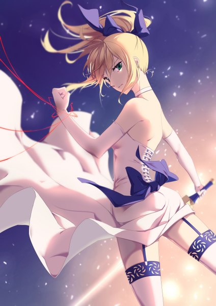 Anime picture 1000x1414 with fate (series) fate/stay night fate/unlimited blade works artoria pendragon (all) saber jh single long hair tall image looking at viewer fringe blonde hair hair between eyes standing bare shoulders holding green eyes payot ahoge ponytail