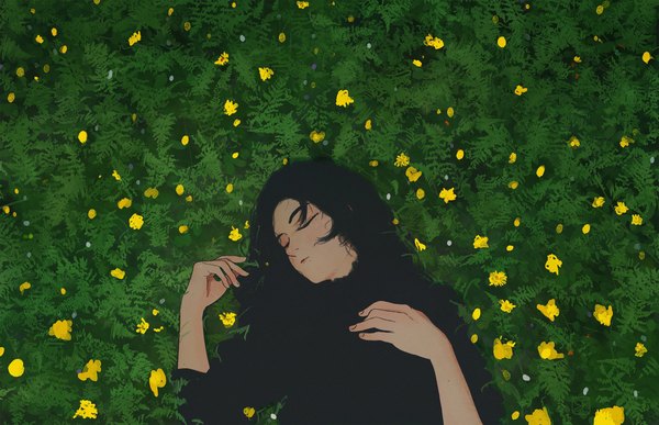 Anime picture 3000x1934 with original akino kogomi single long hair fringe highres black hair lying eyes closed on back girl flower (flowers) flower field