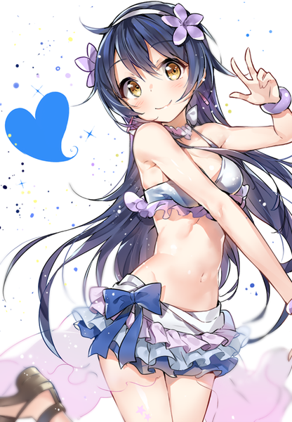 Anime picture 599x863 with love live! school idol project sunrise (studio) love live! sonoda umi yuran (cozyquilt) single long hair tall image blush fringe breasts light erotic smile standing bare shoulders yellow eyes purple hair bent knee (knees) hair flower bare belly