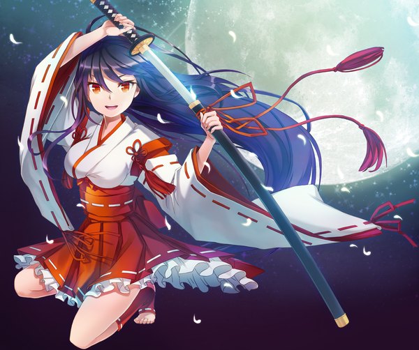 Anime picture 1200x1004 with original kail single long hair looking at viewer open mouth black hair red eyes traditional clothes miko girl weapon sword katana moon feather (feathers)