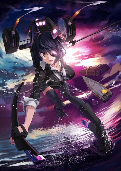 Anime picture 800x1131 with kantai collection tenryuu light cruiser nigiriushi single tall image looking at viewer short hair breasts open mouth large breasts brown eyes sky purple hair cloud (clouds) sunlight mole smoke open collar lacing sunbeam