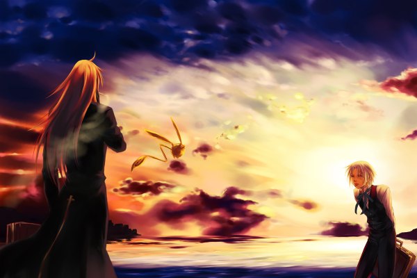 Anime picture 1200x800 with d.gray-man allen walker timcanpy cross marian long hair short hair standing holding sky cloud (clouds) white hair red hair very long hair sunlight orange hair multiple boys tattoo evening sunset scar