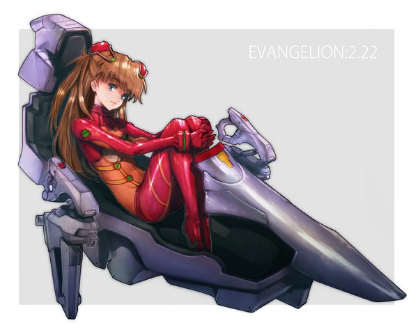 Anime picture 1000x790 with neon genesis evangelion rebuild of evangelion evangelion: 2.0 you can (not) advance gainax soryu asuka langley shikinami asuka langley boyaking(sbf) single long hair looking at viewer blue eyes simple background brown hair sitting inscription grey background border girl bodysuit pilot suit