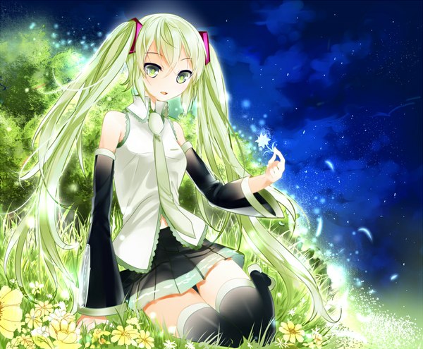 Anime picture 1130x934 with vocaloid hatsune miku aaru single looking at viewer twintails green eyes very long hair green hair girl thighhighs skirt hair ornament flower (flowers) black thighhighs detached sleeves miniskirt petals necktie