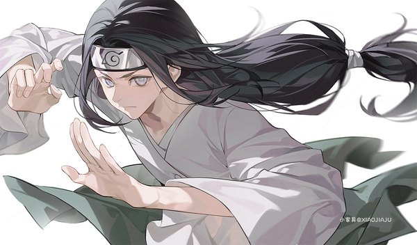 Anime picture 1200x703 with naruto studio pierrot naruto (series) hyuuga neji xiaojiaju single long hair black hair simple background wide image white background signed grey eyes low ponytail fighting stance boy forehead protector