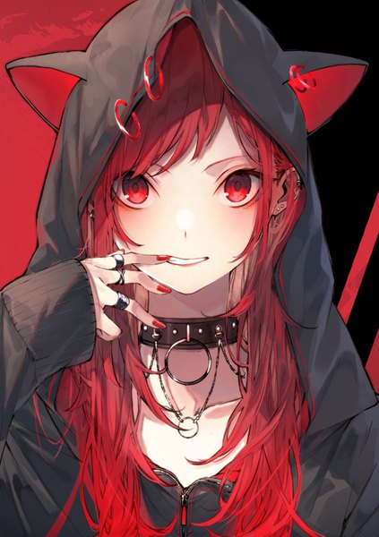 Anime picture 1000x1417 with original kuwashima rein single long hair tall image looking at viewer blush fringe simple background smile red eyes upper body red hair long sleeves nail polish arm up fingernails piercing finger to mouth sleeves past wrists