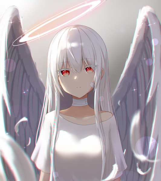 Anime picture 2866x3224 with original tokano 56 single long hair tall image looking at viewer fringe highres simple background hair between eyes red eyes upper body white hair blurry sparkle gradient background angel wings white wings angel bandaid on face
