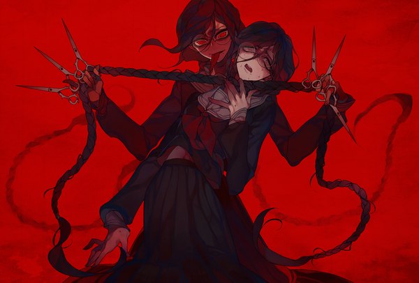 Anime picture 1200x813 with dangan ronpa fukawa touko genocider syo rohit looking at viewer fringe open mouth red eyes holding braid (braids) very long hair pleated skirt twin braids red background dual persona crazy long tongue choking girl skirt