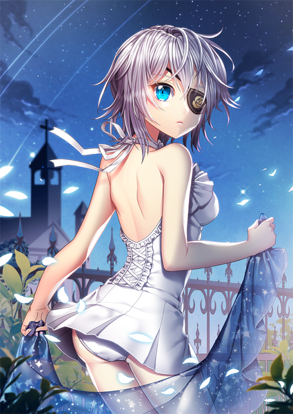 Anime picture 740x1045 with sword girls tagme (character) saban single tall image looking at viewer blush short hair light erotic bare shoulders silver hair cloud (clouds) ass looking back aqua eyes night night sky bare back shooting star girl