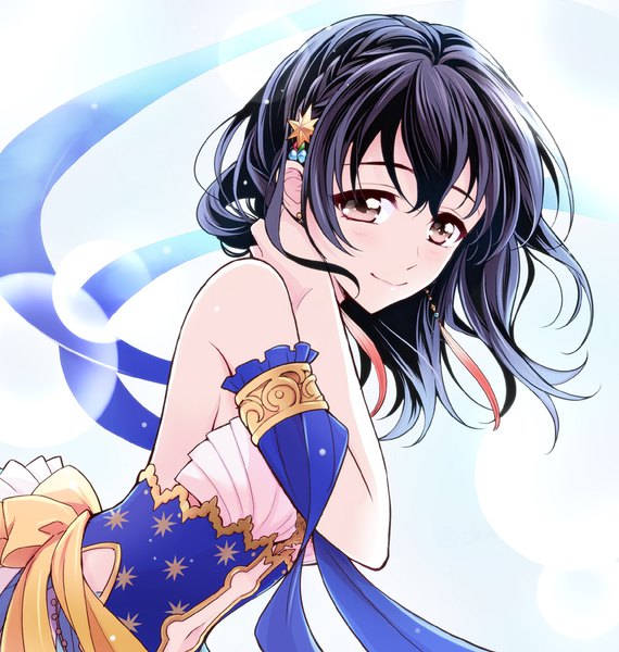 Anime picture 950x1000 with idolmaster idolmaster cinderella girls fujiwara hajime chikariya single long hair tall image fringe black hair simple background smile bare shoulders brown eyes upper body arm around neck girl dress detached sleeves earrings