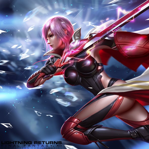 Anime picture 5000x5000 with final fantasy final fantasy xiii square enix lightning farron liang xing single fringe highres short hair breasts blue eyes light erotic holding signed looking away pink hair absurdres bent knee (knees) ass profile