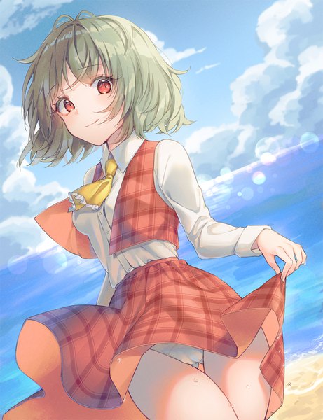 Anime picture 1200x1560 with touhou kazami yuuka cha chya single tall image looking at viewer short hair light erotic red eyes sky cloud (clouds) outdoors green hair light smile wind dutch angle pantyshot plaid skirt ass visible through thighs slit pupils