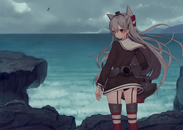 Anime picture 2240x1600 with kantai collection amatsukaze destroyer kitada mo single long hair highres light erotic hair between eyes brown eyes sky looking back wind grey hair two side up pantyshot horizon girl thighhighs uniform hair ornament