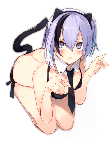 Anime picture 1065x1377 with original kinukawa chinatsu otokuyou single tall image looking at viewer blush fringe short hair open mouth blue eyes light erotic black hair simple background hair between eyes white background animal ears payot purple hair tail