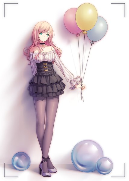 Anime picture 1000x1400 with original tidsean single long hair tall image blue eyes bare shoulders looking away pink hair high heels against wall girl dress pantyhose choker wall balloon