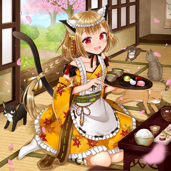 Anime picture 850x850 with original naomi (fantasia) single long hair blush open mouth blonde hair smile red eyes sitting animal ears sky full body tail braid (braids) traditional clothes japanese clothes cat ears kneeling cherry blossoms