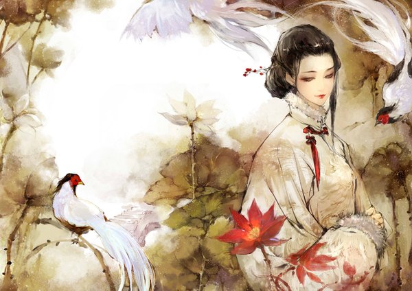 Anime picture 1670x1181 with original kei shu (artist) single long hair smile brown hair brown eyes traditional clothes lipstick looking down red lipstick girl flower (flowers) animal bird (birds) branch