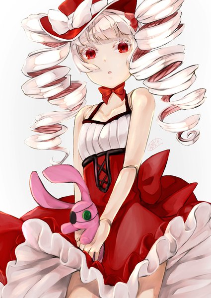 Anime picture 836x1180 with original canned rose single long hair tall image looking at viewer fringe simple background red eyes standing white background bare shoulders holding signed payot white hair blunt bangs :o drill hair dress lift