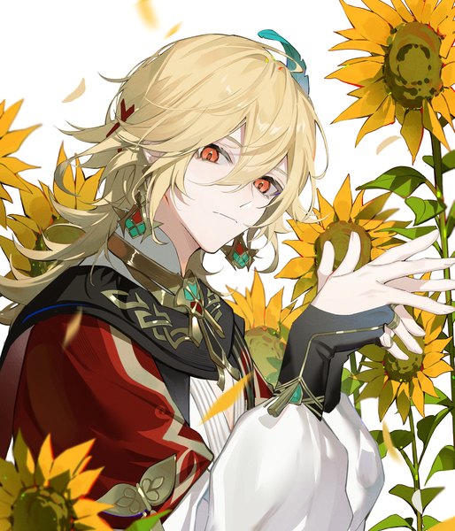 Anime picture 3000x3500 with genshin impact kaveh (genshin impact) xingxing mei single long hair tall image fringe highres blonde hair hair between eyes red eyes looking away upper body floral background boy flower (flowers) earrings sunflower