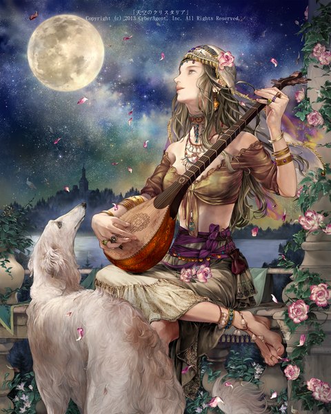 Anime picture 1280x1600 with original roe (d-c -b) single long hair tall image open mouth sitting bare shoulders holding sky cloud (clouds) barefoot wind realistic inscription night teeth grey eyes night sky crossed legs