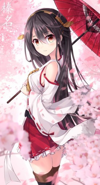 Anime picture 634x1166 with kantai collection haruna battleship rin yuu single long hair tall image looking at viewer blush fringe breasts black hair hair between eyes standing bare shoulders holding brown eyes traditional clothes japanese clothes wide sleeves zettai ryouiki