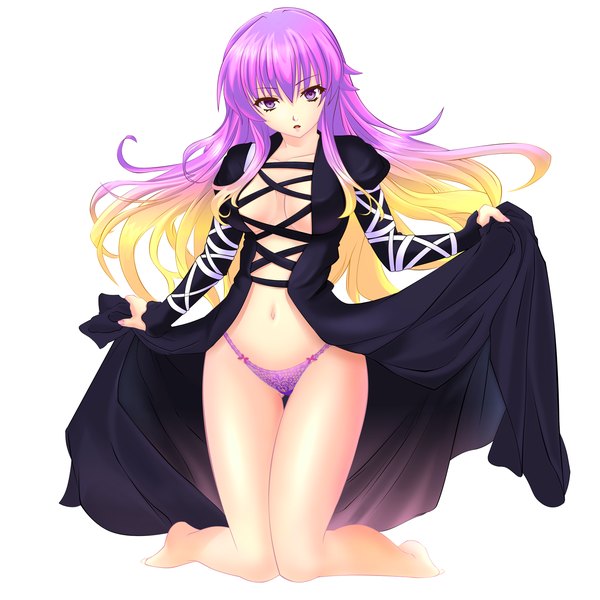 Anime picture 1500x1500 with touhou hijiri byakuren shimohigashi kanna single long hair looking at viewer breasts light erotic simple background white background purple eyes purple hair multicolored hair two-tone hair girl dress navel underwear panties