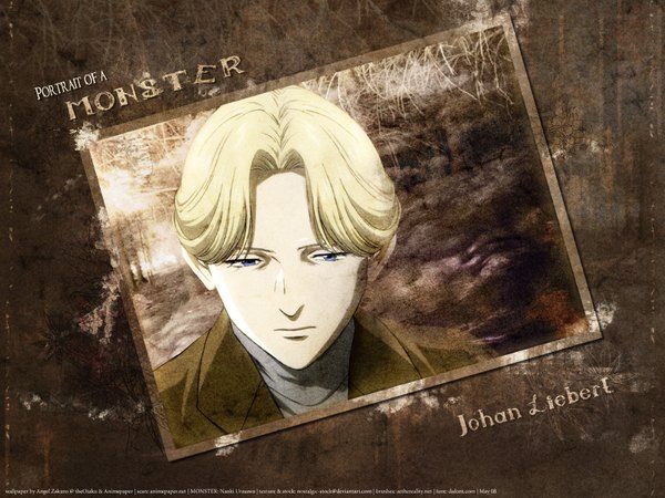 Anime picture 1600x1200 with monster (manga) johan liebert single short hair blue eyes blonde hair wallpaper copyright name character names text looking down english framed boy