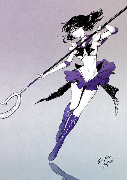 Anime picture 707x1000 with bishoujo senshi sailor moon toei animation tomoe hotaru sailor saturn s-yin single tall image short hair simple background purple eyes signed looking away full body gradient background dated monochrome sailor collar partially colored girl weapon