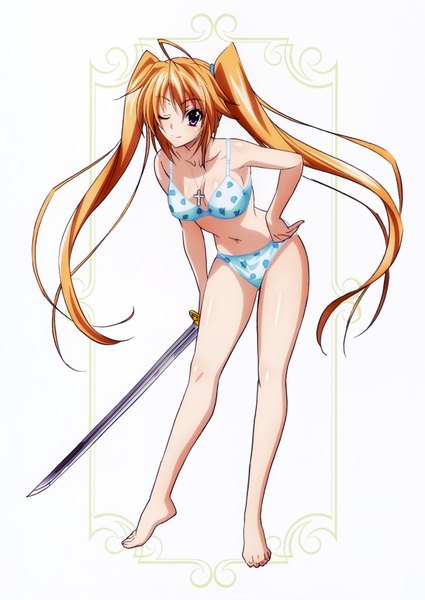 Anime picture 4957x7005 with highschool dxd shidou irina single long hair tall image looking at viewer blush highres light erotic white background purple eyes twintails absurdres one eye closed wink scan orange hair official art underwear only girl