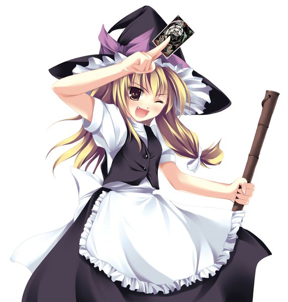 Anime picture 1500x1572 with touhou kirisame marisa tateha (marvelous grace) single long hair tall image simple background blonde hair white background yellow eyes one eye closed wink fang (fangs) witch girl skirt ribbon (ribbons) witch hat skirt set