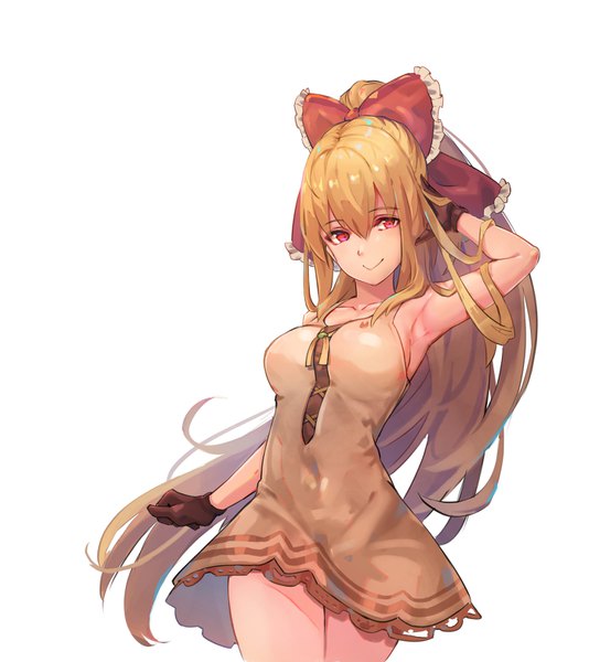 Anime-Bild 1392x1564 mit original nekojira single long hair tall image looking at viewer fringe breasts simple background blonde hair smile hair between eyes red eyes white background ponytail arm up armpit (armpits) sleeveless thighs hand on head