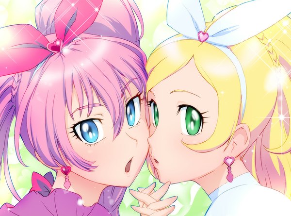 Anime picture 1100x816 with precure suite precure toei animation houjou hibiki minamino kanade cure melody cure rhythm ueyama michirou long hair looking at viewer open mouth blue eyes blonde hair multiple girls green eyes pink hair holding hands face girl bow