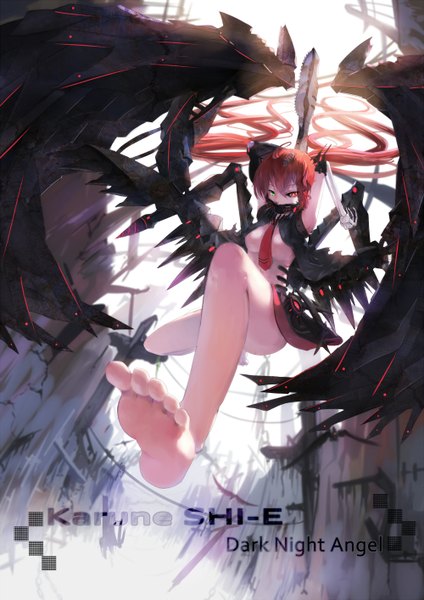 Anime picture 1000x1414 with vocaloid bacterial contamination (vocaloid) calcium karune ca undeedking single long hair tall image looking at viewer fringe breasts light erotic red eyes twintails bare shoulders green eyes red hair barefoot sunlight bare belly