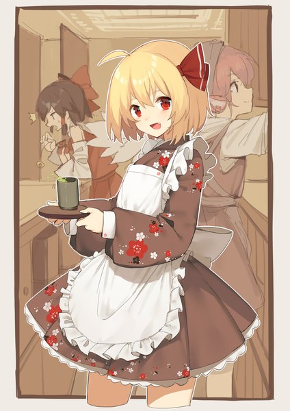 Anime-Bild 1200x1697 mit touhou hakurei reimu rumia mystia lorelei sh (562835932) tall image looking at viewer short hair open mouth blonde hair smile red eyes brown hair multiple girls ahoge indoors long sleeves traditional clothes japanese clothes floral print