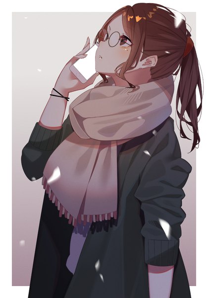 Anime picture 1050x1500 with original kisui single long hair tall image blush fringe simple background brown hair standing holding brown eyes payot ponytail profile arm up open clothes mole mole under eye gradient background