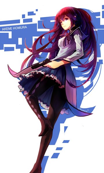 Anime picture 700x1166 with mahou shoujo madoka magica shaft (studio) akemi homura mconch single long hair tall image fringe breasts black hair standing purple eyes holding looking away bent knee (knees) high heels character names girl skirt ribbon (ribbons)